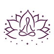 Uma ilustração estilizada de uma pessoa em uma pose meditativa dentro de uma flor de lótus roxa em png com detalhes em estrela e astrologia.