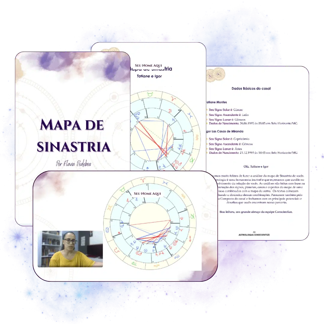 Conjunto de materiais sobre o Mapa de Sinastria, incluindo uma capa personalizada, mapas astrais detalhados e páginas explicativas com informações de casal, representando análise de compatibilidade astrológica.
