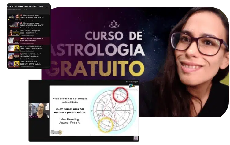 Banner de curso de astrologia gratuito com imagem de uma astróloga sorridente, uma apresentação de mapa astral e uma interface de aulas online, destacando o aprendizado acessível.