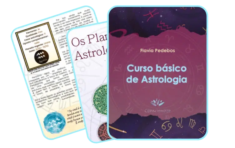 Imagem de materiais do curso básico de astrologia, com destaque para a capa do curso e páginas ilustradas sobre signos, planetas e astrologia.