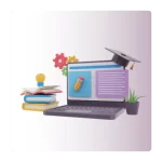 Ilustração de um laptop com um chapéu de formatura, livros empilhados, uma lâmpada e engrenagens, representando um curso online com mentoria.
