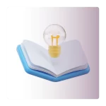 Ilustração 3D de um livro aberto com uma lâmpada acesa em cima, simbolizando ideias, aprendizado e conhecimento