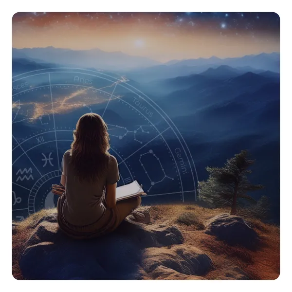 Representação visual da jornada do astrólogo, com montanha e elementos astrológicos ao fundo.