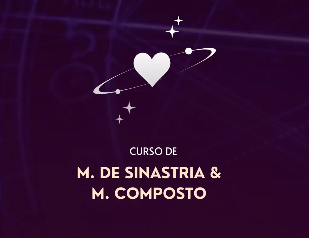 Ícone de coração orbitado por anéis estelares representando o curso de sinastria e mapa composto na astrologia.