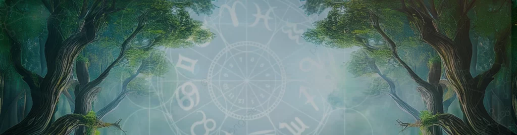 Imagem de uma floresta mística, com árvores imponentes e um fundo etéreo contendo símbolos astrológicos, representando o caminho de transformação e evolução energética ao longo da vida.